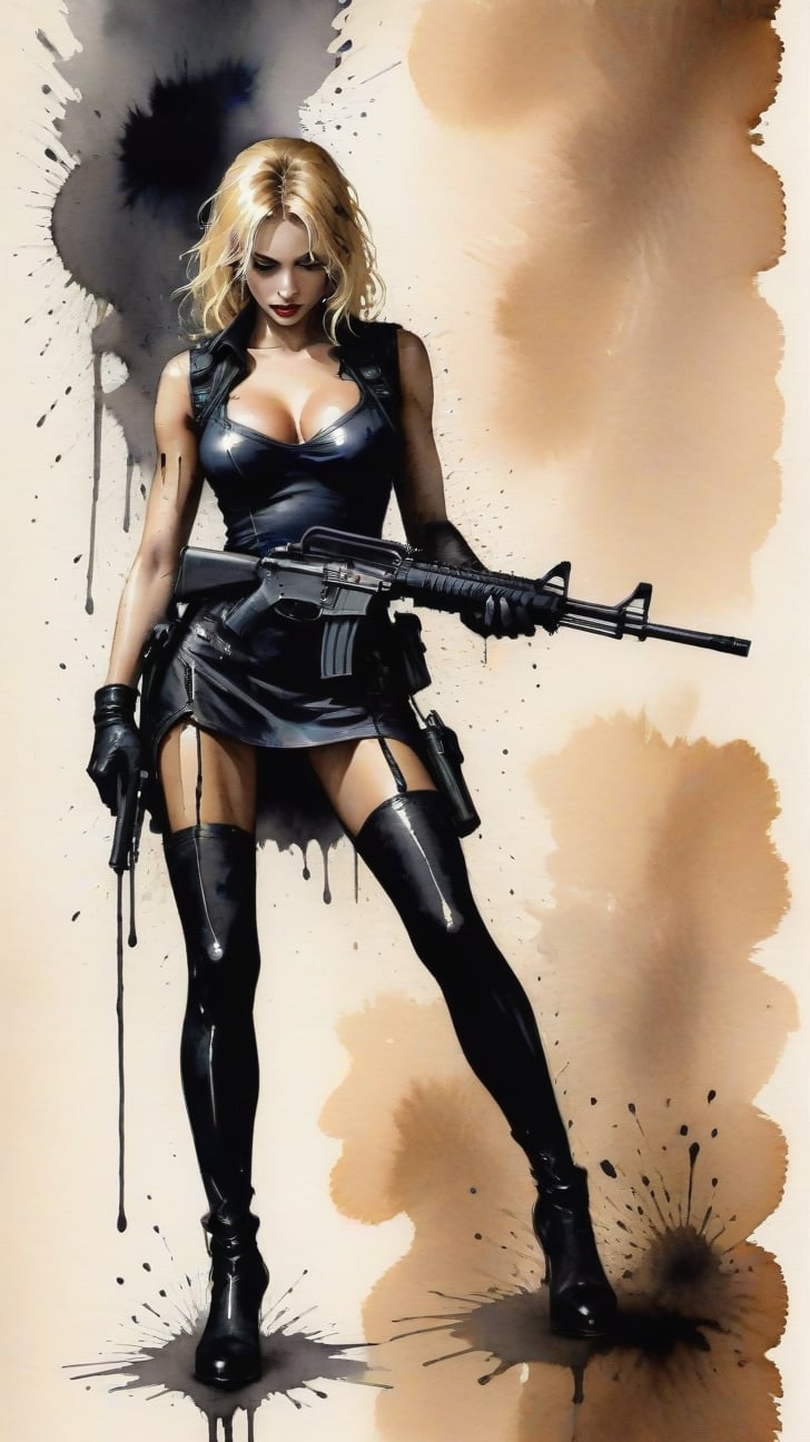 a beautiful 20yo police girl \(LAPD\) holding a rifle \(AR-15\) investigating a suspicious cafe,police car,strobe lights
BREAK 
(Frank Miller's Sin City style),sketch,ink,watercolor,rule of thirds,art_booster,chiaroscuro lighting,style,[model body]