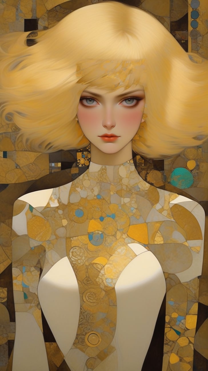 A sophisticated fashion model girl,short blonde bobcut,dynamic character,20yo,detailed exquisite face,male focus,parody,complex background,dynamic light and shadow,bold high quality,high contrast, patchwork,Upperbody,vibrant colors,looking at viewer,by Gustav Klimt and [karol bak], eal_booster,art_booster