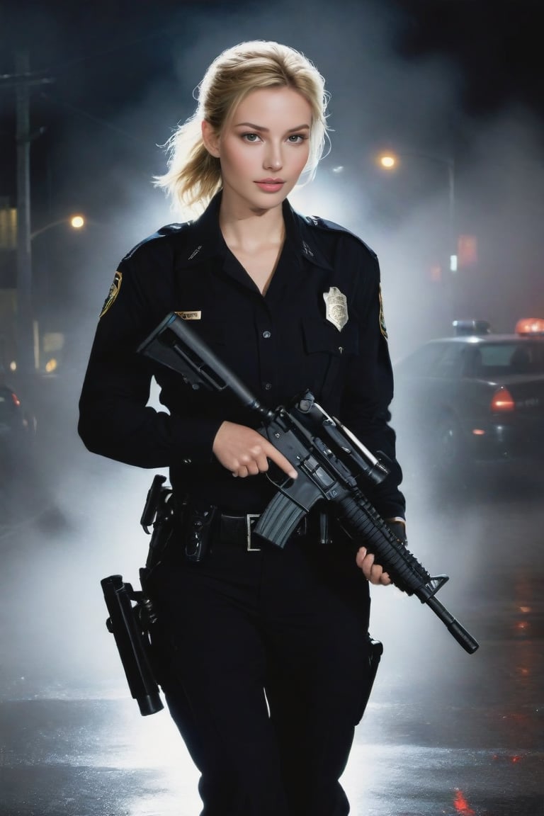 a beautiful 20yo police girl \(LAPD\) holding a rifle \(AR-15\),running into a crime scene at night,fog,dark,(code red),requesting for reinforcements,police car strobe lights BREAK 
(Frank Miller's Sin City style),sketch,ink,watercolor, art_booster,chiaroscuro lighting,perfect hands