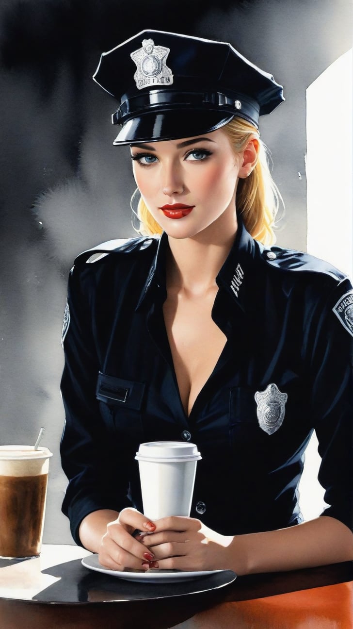 a beautiful 20yo police girl \(LAPD\) in a cafe,coffee BREAK 
Frank Miller's Sin City style,watercolor,art_booster, chiaroscuro lighting,perfect hands