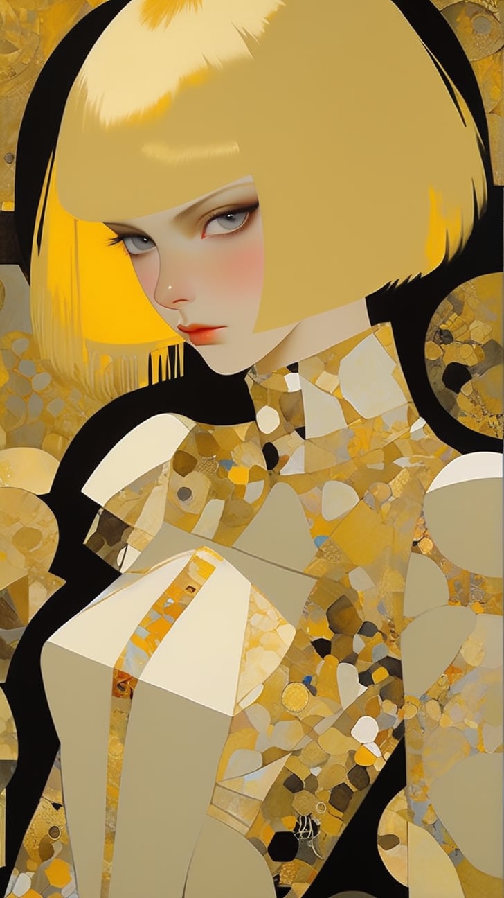 A sophisticated fashion model girl,short blonde hair,dynamic character,20yo,detailed exquisite face,parody,complex background,dynamic light and shadow,bold high quality,high contrast, patchwork,Upperbody,vibrant colors,looking at viewer,by Gustav Klimt and [[karol bak]],art_booster,niji style,real_booster