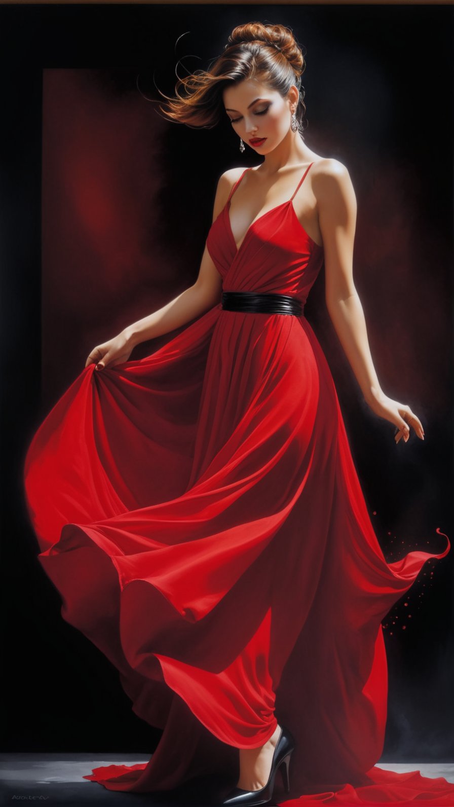 Oil painting of a beautiful woman in a red dress dancing gracefully. Karol Bak style painting. Mystical. Mysterious. Dancing captivatingly under the lights in the middle of a quiet cafe. Dark background. A strong light shining on her. A charming smile and full of energy. People watching her at the cafe. rule of thirds,oil on canvas,(easel painting),impressionism, mysterious,mystical,by Karol Bak,real_booster,art_booster