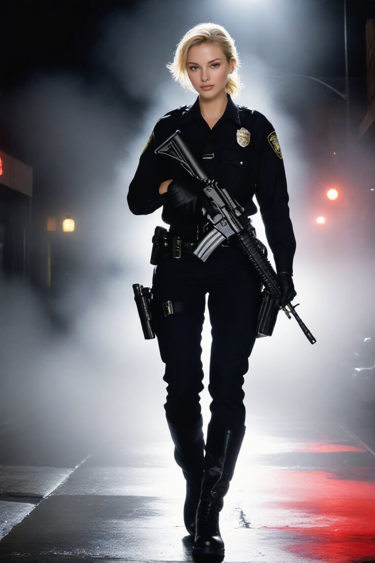 a beautiful 20yo police girl \(LAPD\) holding a rifle \(AR-15\),running into a crime scene at night,fog,dark,(code red),requesting for reinforcements,police car strobe lights BREAK 
(Frank Miller's Sin City style),sketch,ink,watercolor, art_booster,chiaroscuro lighting,perfect hands