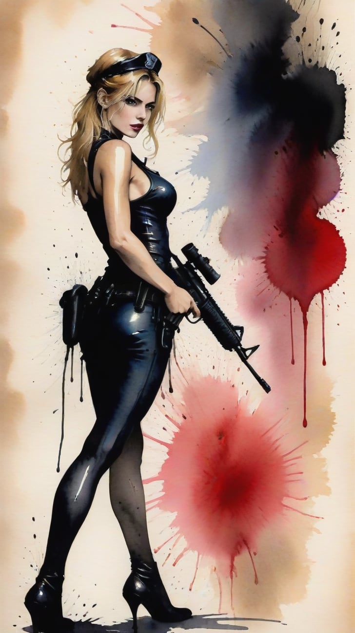 a beautiful 20yo police girl \(LAPD\) holding a rifle \(AR-15\) investigating a suspicious cafe,police car,strobe lights
BREAK 
(Frank Miller's Sin City style),sketch,ink,watercolor,rule of thirds,art_booster,chiaroscuro lighting,style,[model body]