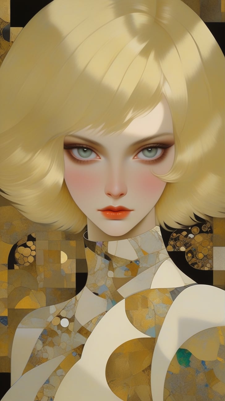 A sophisticated fashion model girl,short blonde hair,dynamic character,20yo,detailed exquisite face,parody,complex background,dynamic light and shadow,bold high quality,high contrast, patchwork,Upperbody,vibrant colors,looking at viewer,by Gustav Klimt and [karol bak],art_booster,niji style,real_booster