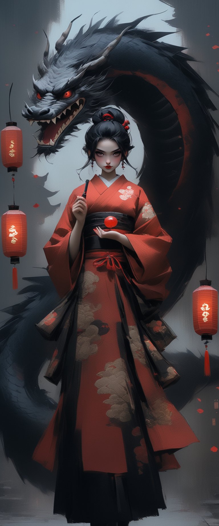 1girl, solo, looking at viewer, black hair, hair ornament, holding, standing, japanese clothes, kimono, hair bun, sash, makeup, lipstick, lantern, red lips, taking care of a dragon, paper lantern,oni style,ct-drago,goth person