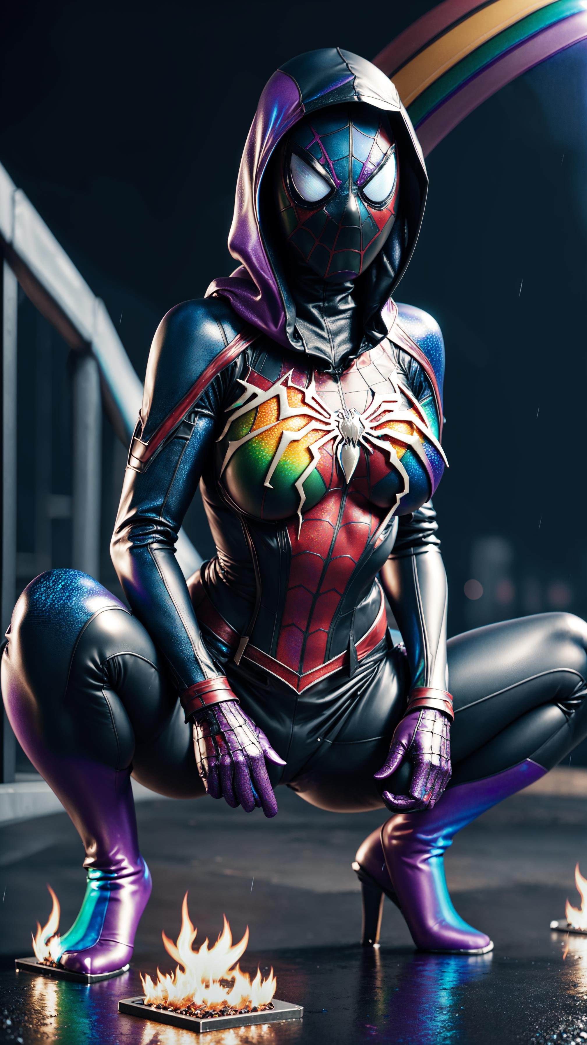 colorful scene, (shot of a woman wearing a spiderman costume), (skinny body:0.9), night city, (spider web:0.5), highest quality, particles, light rain, girl focus, breasts, (large breasts:1.6), night, outdoors, rainy, dark atmosphere, lightning, detailed background, masterpiece, moody, (realistic:1.3), latex combat clothes, spider girl mask, (venom suit:1.2), ((hands behind body, hands behind leg)), perfect skin, perfect lighting, perfect shading, (realistic fabric texture), volumetric shading, subsurface scattering, hyperrealistic, dynamic pose, dynamic movement, (photorealistic:1.4), full body in frame, (assassin's creed hoodie, assassin hoodie), detailed hands, (rainbow skin:1.4), spread legs, open legs open arms, welcoming arms, deadpool costume, spread arms, ((lying on the ground)), sitting on ground, (female succubus, succubus:0.9), (black suit spider girl, venom costume:0.3), squatting position, ahegao face, (fire costume)