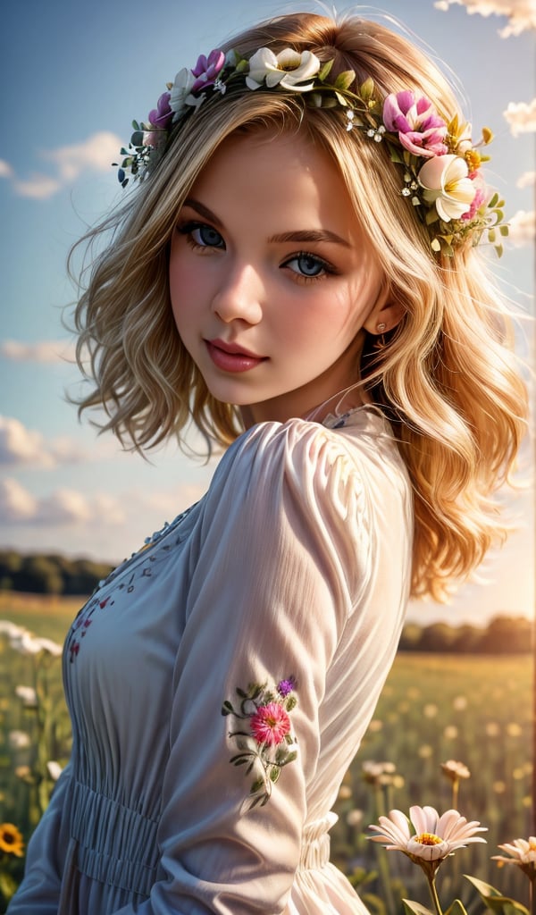 Beautiful young woman, blonde, wearing a beautiful dress with long sleeves with ornament of multicolored embroidery, on her head a wreath of flowers, outdoors in a field of wildflowers in bright natural sunlight, high detail, sharp focus, ultra-high resolution details, high quality photography, photorealism,1girl