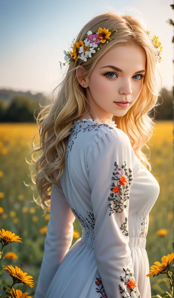 Beautiful young woman, blonde, wearing a beautiful dress with long sleeves with ornament of multicolored embroidery, on her head a wreath of flowers, outdoors in a field of wildflowers in bright natural sunlight, high detail, sharp focus, ultra-high resolution details, high quality photography, photorealism,1girl, captured on Agfa Vista 200, --style raw