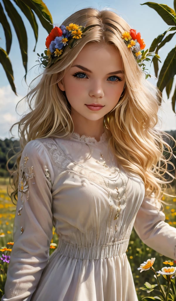 Beautiful young woman, blonde, wearing a beautiful dress with long sleeves with ornament of multicolored embroidery, on her head a wreath of flowers, outdoors in a field of wildflowers in bright natural sunlight, high detail, sharp focus, ultra-high resolution details, high quality photography, photorealism,1girl, captured on Agfa Vista 200, --style raw 