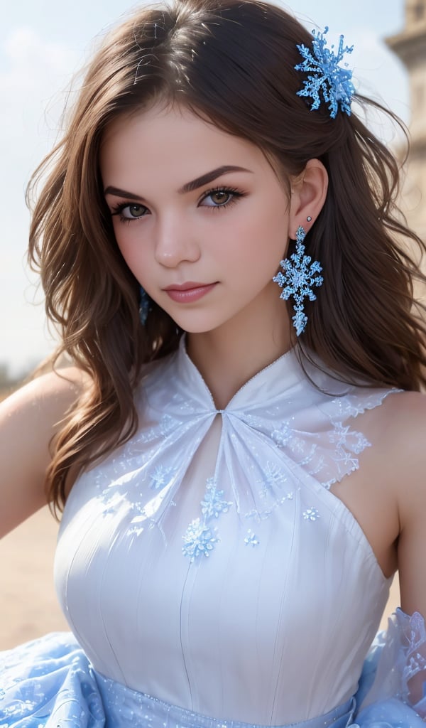 1girl, a close up portrait of a charming teenager with brunette hair, posing gracefully in a stunning royal wedding dress adorned with intricate blue snowflake patterns, each unique pattern embedded along the fabric's cascading flow, radiating a regal elegance. Blue snowflake earrings gracing her ears, reflecting the amazing detail of those on her hairpin, showcased against her outfit