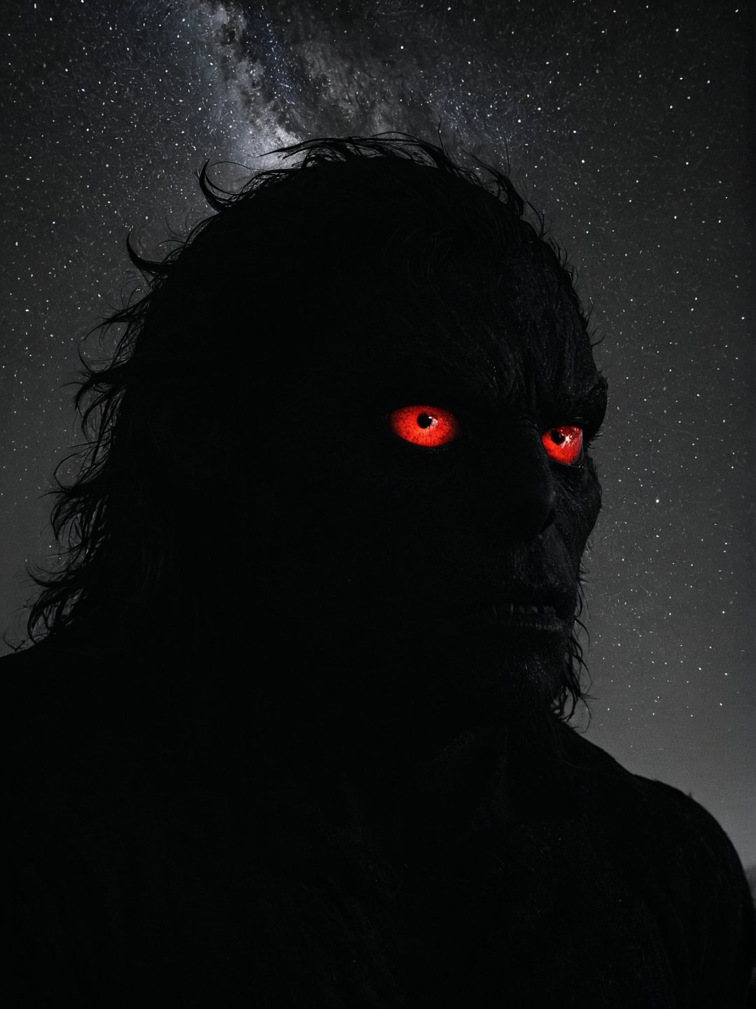 Realism, digital black and white photo, portrait, wide angle of view, Starry sky, silhouette of monster, eyes glow red, dramatic darknes,