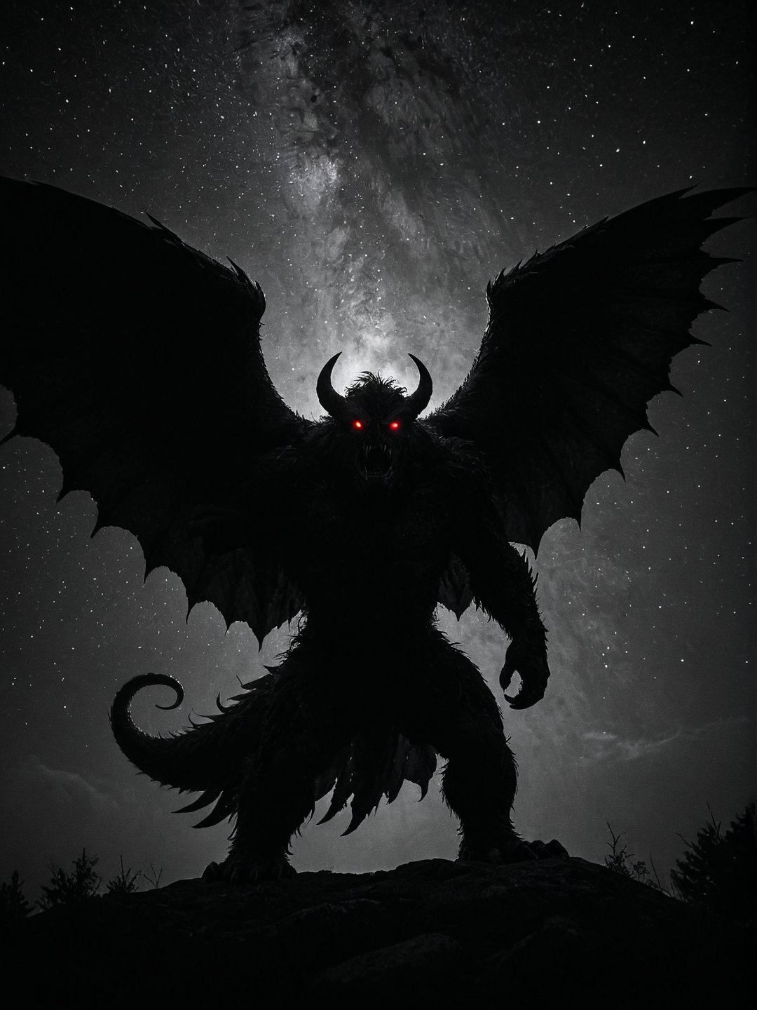 Realism, digital black and white photo, portrait, wide angle of view, Stars, a dark night, a silhouette of a monster with wings, eyes glow red, dramatic darknes,
