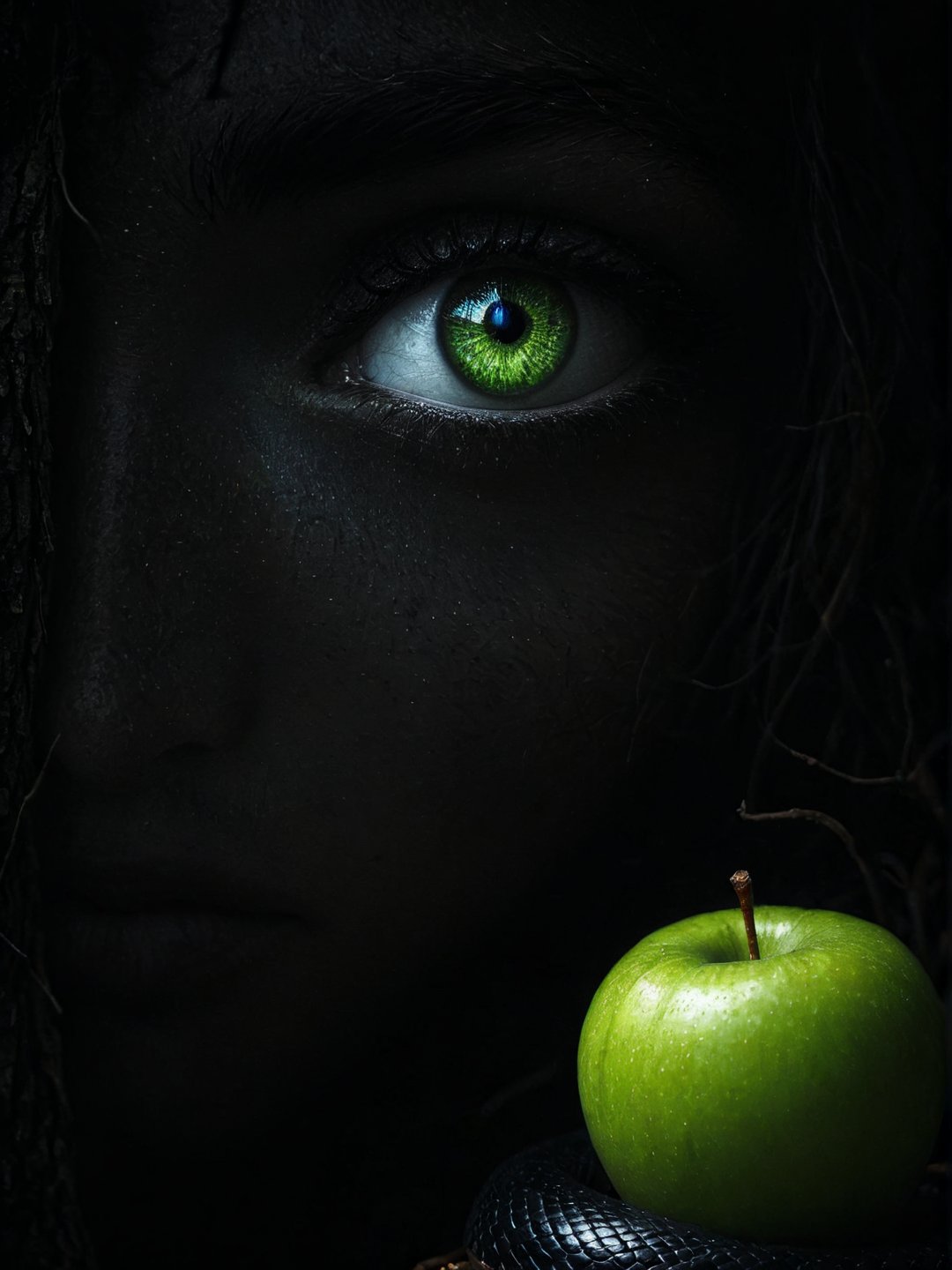 Realism, digital black and white photo, portrait, wide angle of view, The snake on the tree crawls to the green apple, the (eyes glowing green:1.5), dramatic darknes, bokeh,