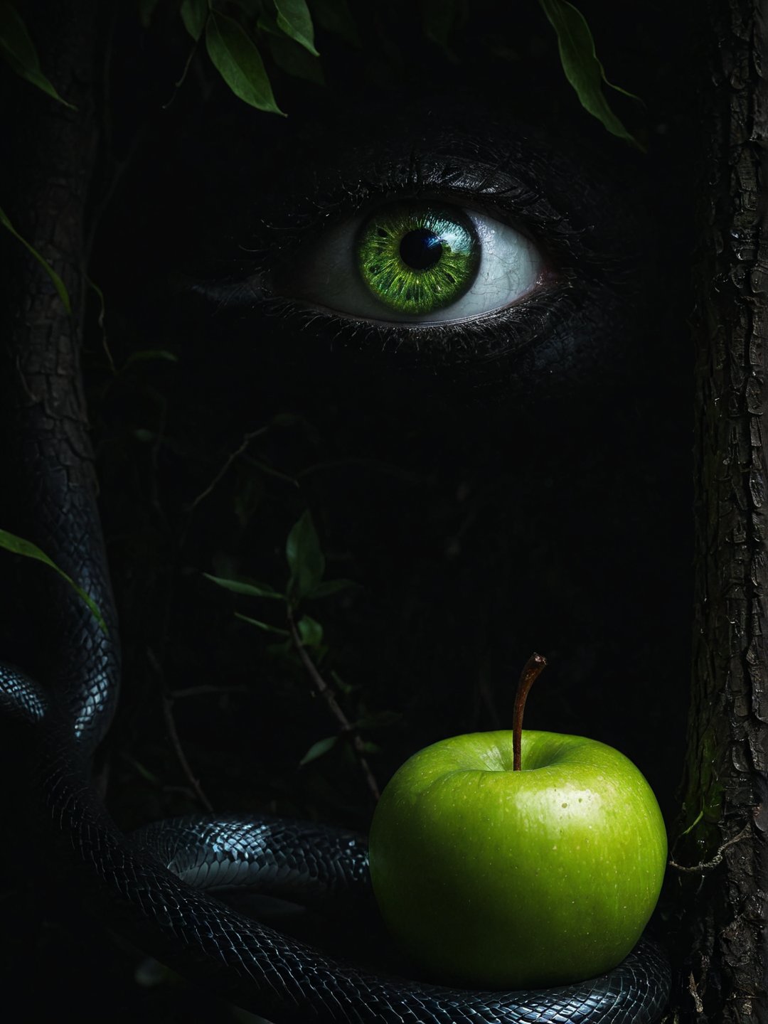 Realism, digital black and white photo, portrait, wide angle of view, The snake on the tree crawls to the green apple, the (eyes glow green:1.5), dramatic darknes, bokeh,