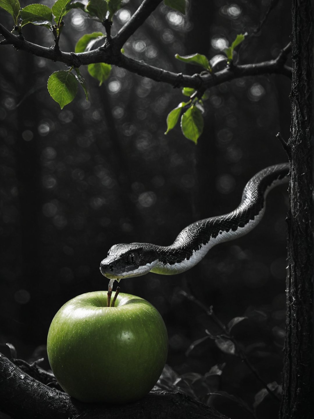 Realism, digital black and white photo, portrait, wide angle of view, snake on the tree crawls to the green apple, snake eyes glowing green, dramatic darknes, bokeh,