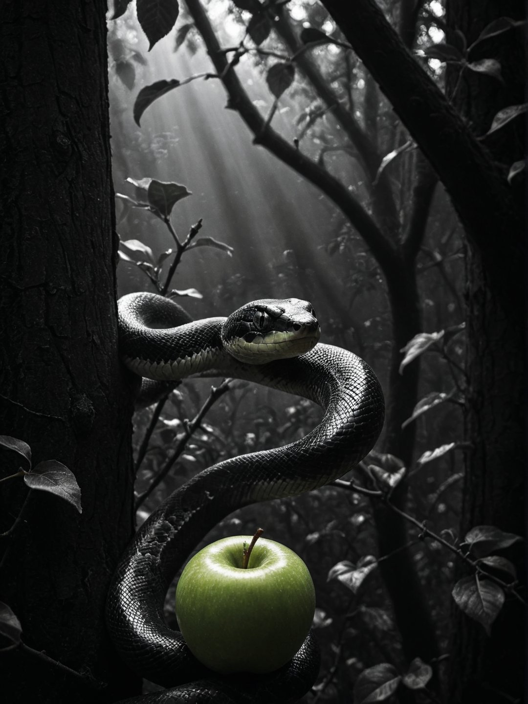 Realism, digital black and white photo, portrait, wide angle of view, The snake on the tree crawls to the apple, the (eyes glow green), dramatic darknes, bokeh,