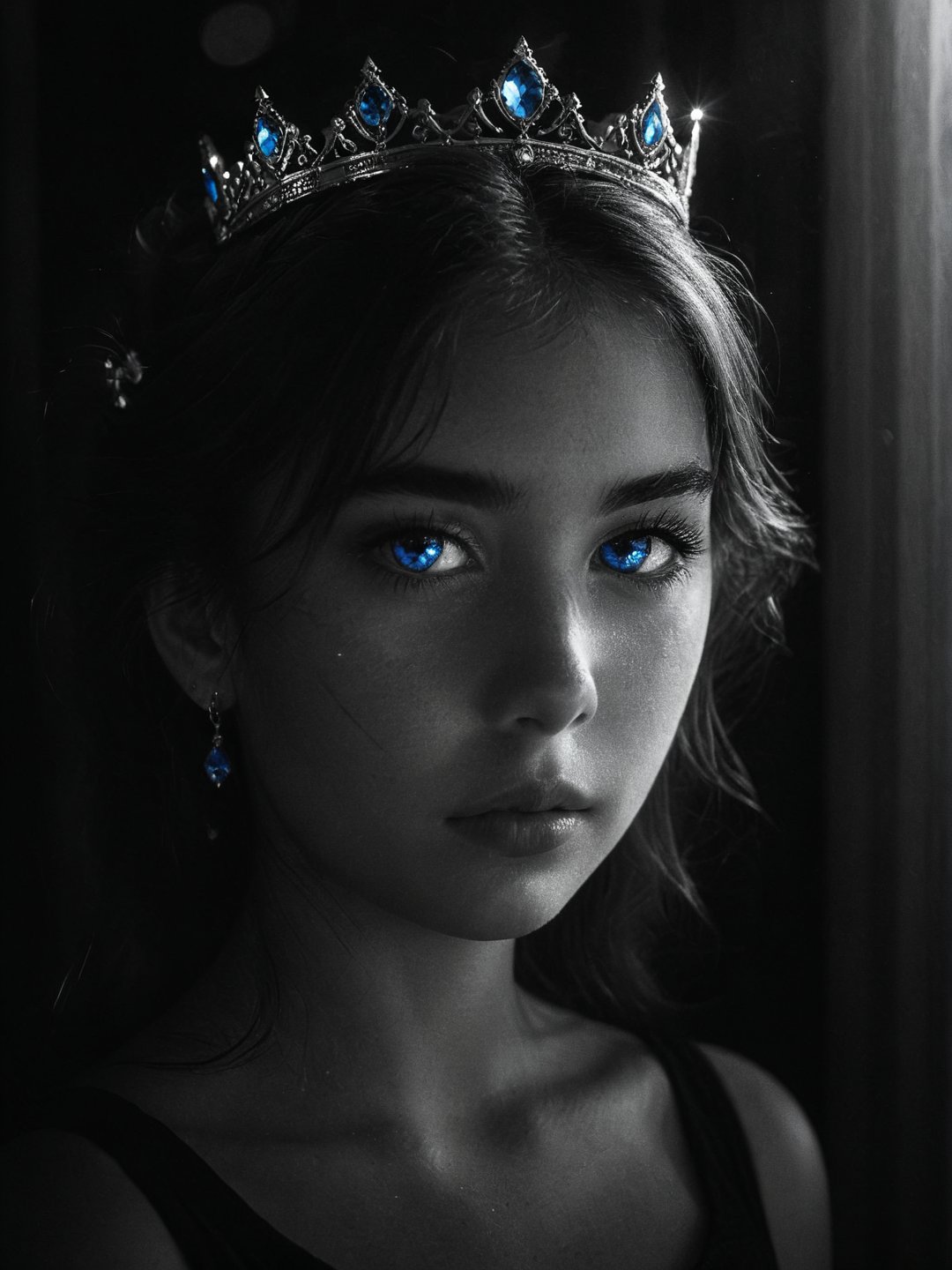 Realism, digital black and white photo, portrait , wide angle of view, 1girl, mini-crown with a luminous blue crystal, at Townhouse, dramatic light, bokeh,