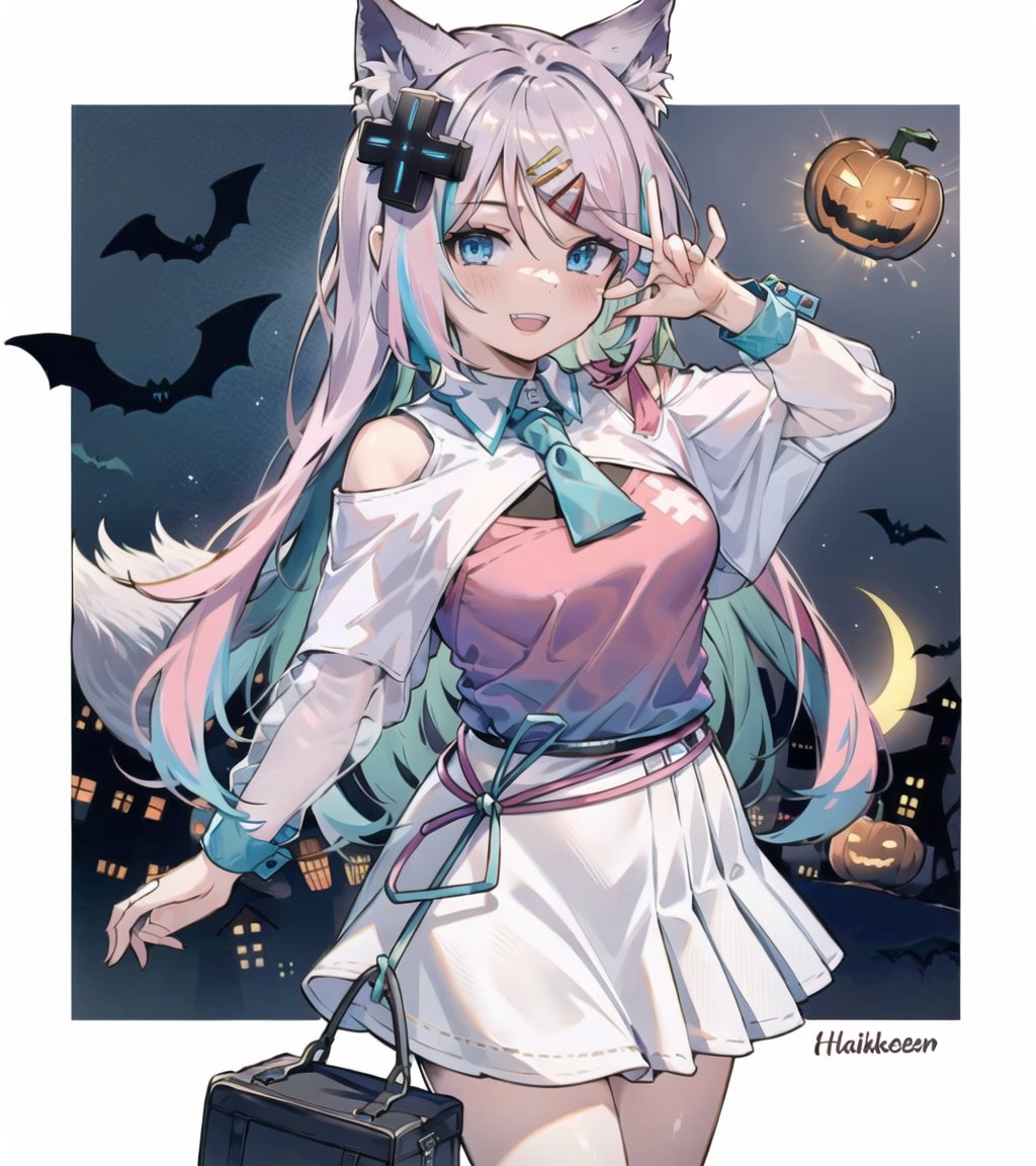 masterpiece, best quality, 1girl, long hair, skirt, solo, capelet, smile, shirt, looking at viewer, frills, upper teeth only, halloween, open mouth, hair between eyes, :d, white shirt, blush, teeth, jack-o'-lantern, wrist scrunchie, halloween bucket, frilled skirt, ghost, halloween costume, hidden hands, blue eyes, white skirt, pleated skirt, d-pad hair ornament, hairclip, fox tail, miniskirt, pink shirt, multicolored hair, 