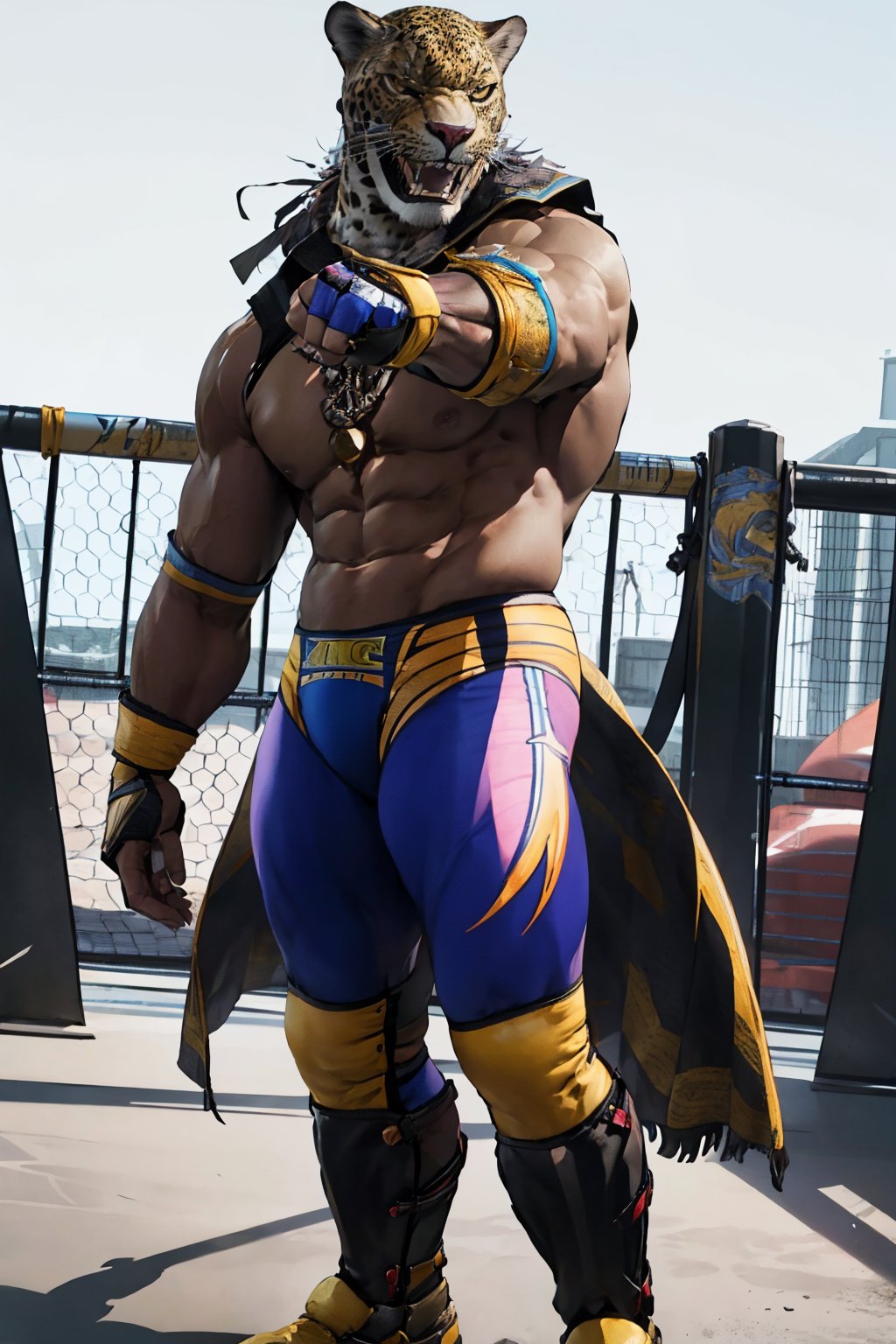 image of King from Tekken, wrestling outfit, pointing towards viewer, photorealistic, best quality, 8K masterpiece, 1man,  minimal background, soft lighting, shadows accentuating muscles, full body, realistic skin, high resolution, high detailed, intricate details, soft natural light, king_tekken