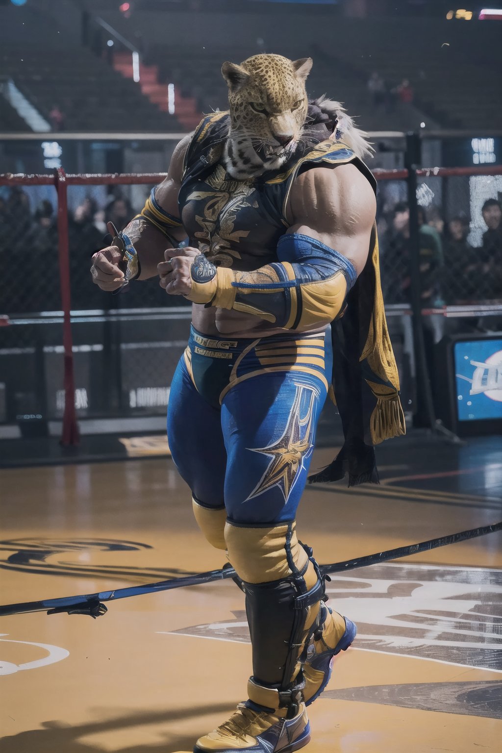 image of King from Tekken, wrestling outfit, in the air, wrestling ring, photorealistic, best quality, 8K masterpiece, 1man, soft lighting, full body, realistic skin, high resolution, high detailed, intricate details, soft natural light, king_tekken