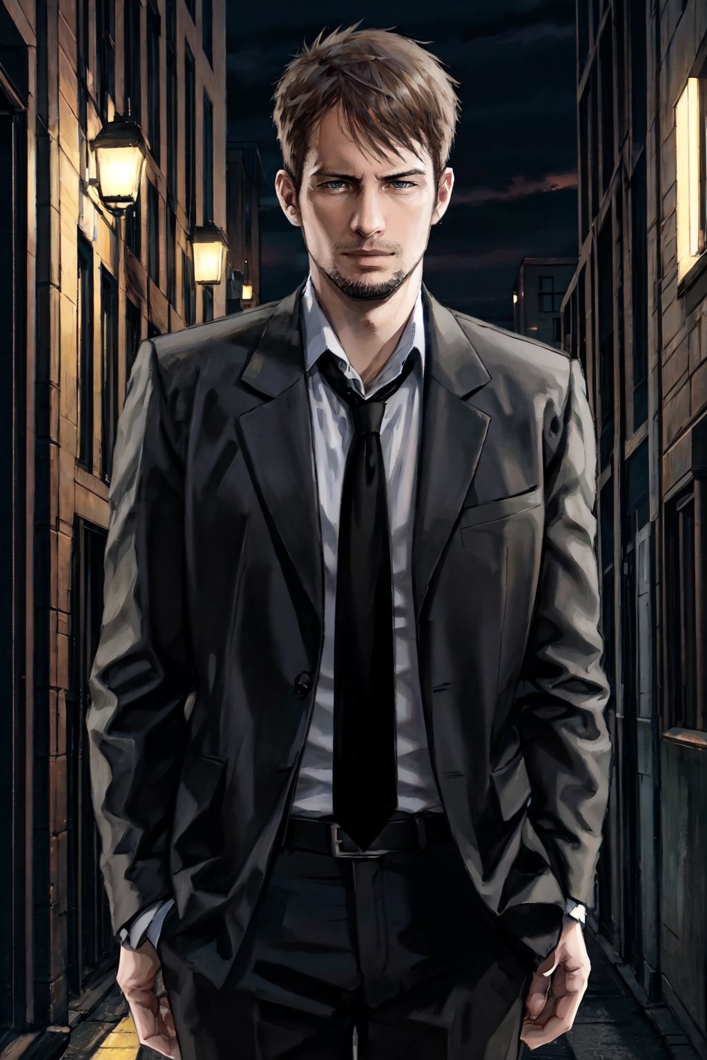 kyle_hyde, image of Kyle Hyde walking in a dark alley during the night, detective, formal attire, white shirt, black tie, brown hair, 1man, photorealistic, best quality, Handsome man, real life, RAW, without noise, clear, high_resolution, 8K masterpiece, photograph, minimal background, soft lighting, realistic skin, photographic, extremely detailed, XF IQ4, 150MP, 50mm, ISO 1000, 1/250s, soft natural light, reflected light, highly detailed, photograph