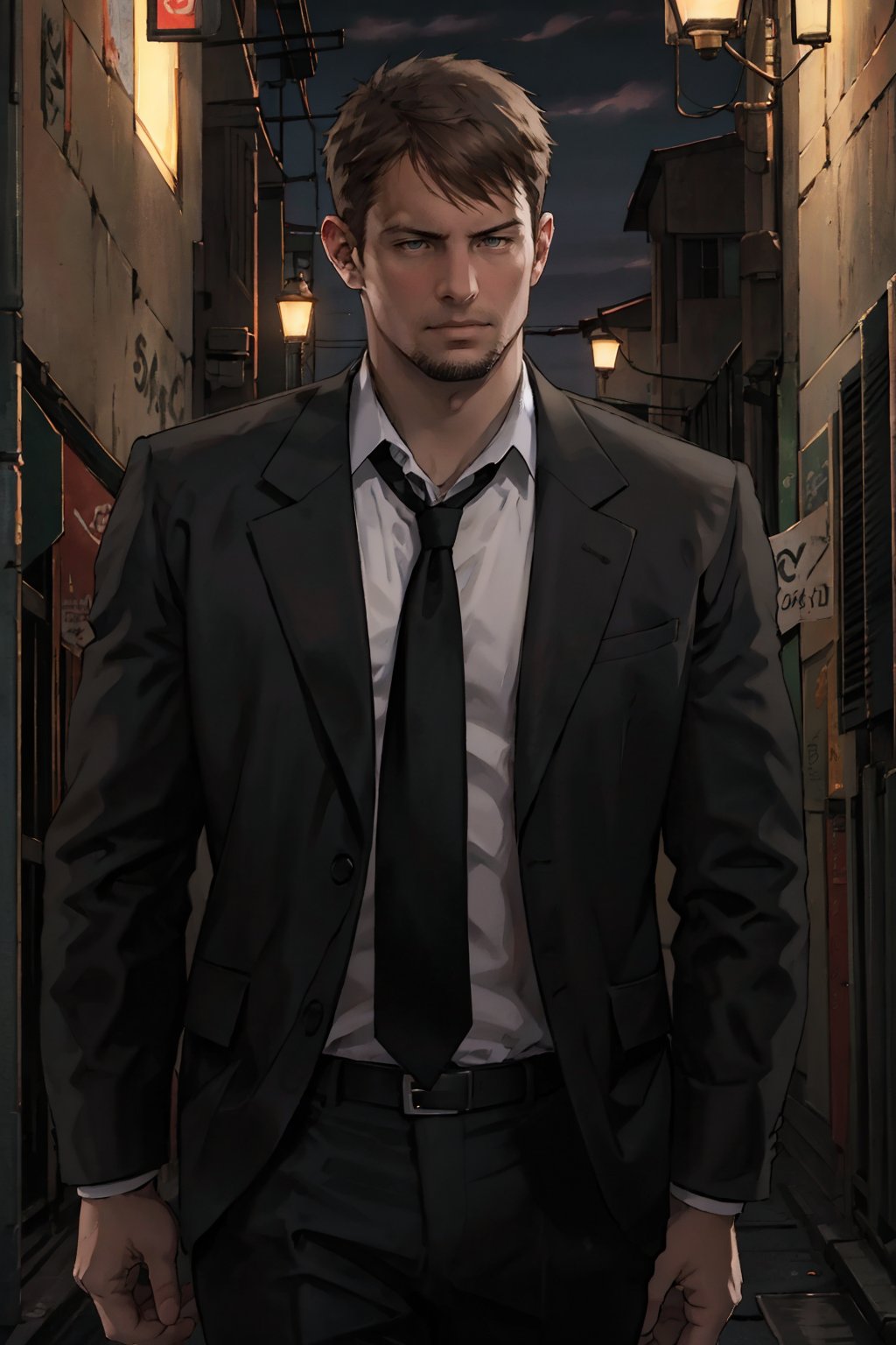 kyle_hyde, image of Kyle Hyde walking in a dark alley during the night, detective, formal attire, white shirt, black tie, brown hair, 1man, photorealistic, best quality, Handsome man, real life, RAW, without noise, clear, high_resolution, 8K masterpiece, photograph, minimal background, soft lighting, realistic skin, photographic, extremely detailed, XF IQ4, 150MP, 50mm, ISO 1000, 1/250s, soft natural light, reflected light, highly detailed, photograph