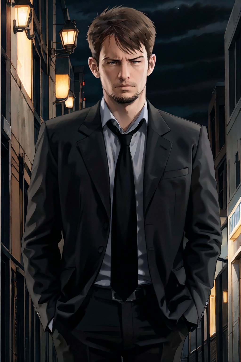 kyle_hyde, portrait image of Kyle Hyde walking in a dark alley during the night, detective, looking at viewer, shirt, 1boy, jacket, white shirt, male focus, necktie, frown, collared shirt, pants, black pants, formal, suit, black background, black necktie, black suit, Handsome man, good quality