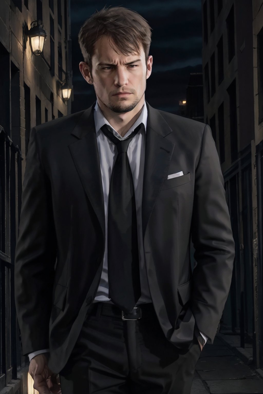 kyle_hyde, sketch of Kyle Hyde walking in a dark alley during the night, detective, looking at viewer, shirt, 1boy, jacket, white shirt, male focus, necktie, frown, collared shirt, pants, black pants, formal, suit, black background, black necktie, black suit, Handsome man, good quality