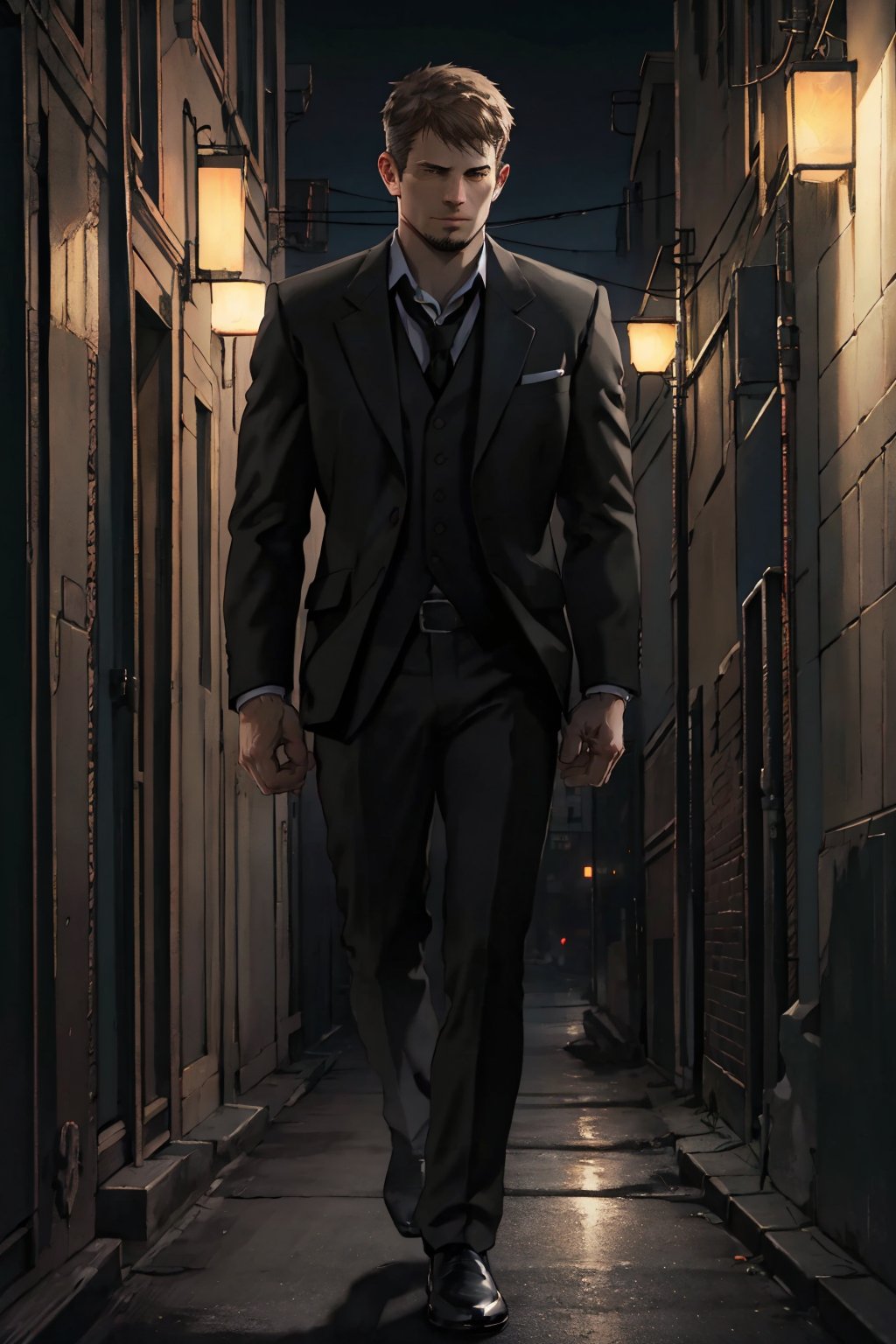 photorealistic image of Kyle Hyde, realistic, night, dark alley, noir, formal attire,  best quality, 8K masterpiece, 1man,  minimal background, shadows, full body, realistic skin, high resolution, high detailed, intricate details, soft natural light, kyle_hyde,photorealistic