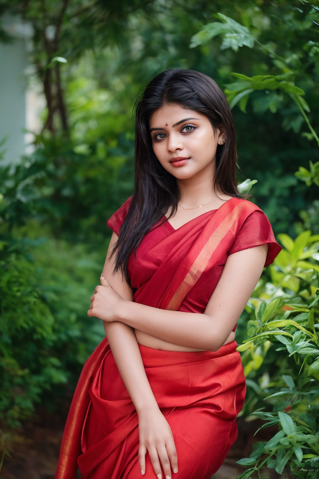 Raw photo of (25yo Kerala Beautiful young woman:1.1) (best quality, highres, ultra-detailed:1.2), vibrant colors, glowing dimond, glowing eyes, realistic Raw photo, realistic lighting, traditional Red saree,  exotic beauty, mesmerizing eyes, girl ,Thrissur,photo of perfecteyes eyes,27 year old girl 