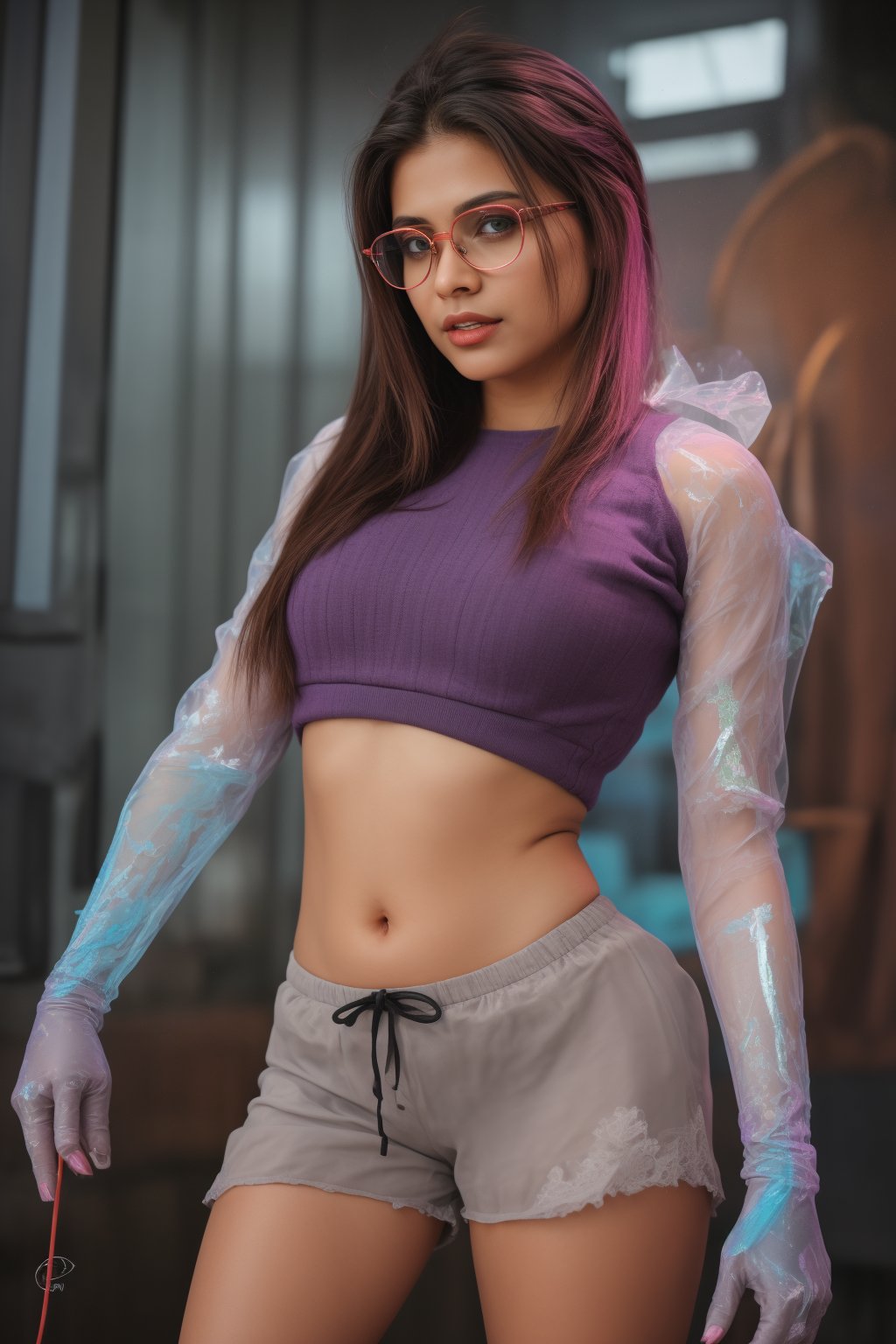 (best quality, 4k, 8k, highres, masterpiece:1.2), ultra-detailed, physically-based rendering, professional, vivid colors, bokeh, cyborg girl, made only glass, neon cables, gears, transparent body, mechanical details, glowing eyes, reflective surface, subtle reflections, ethereal, luminous, metallic highlights, sci-fi, futuristic, neon lights, blue and purple color palette, dynamic lighting,Mallu girl,photo r3al,Brown tone Beauty,cyberpunk glasses,Mallu