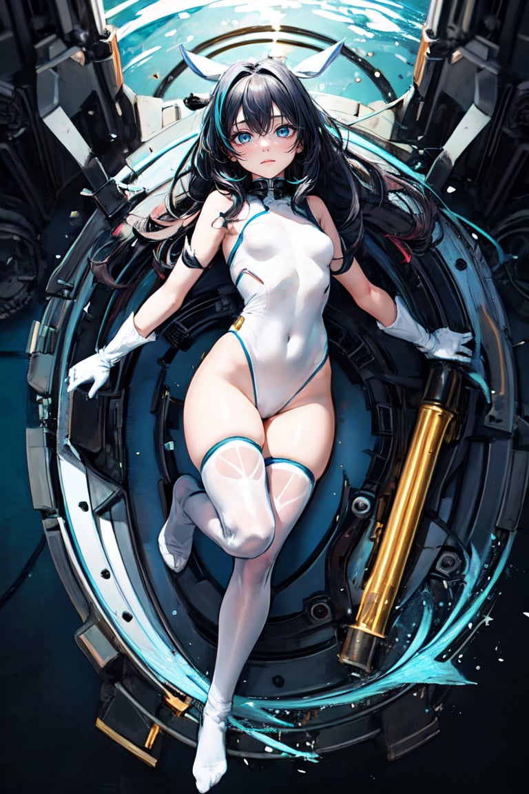 1girl, solo, long hair, looking at viewer, blue eyes, thighhighs, gloves, closed mouth, full body, small breasts, leotard, floating hair, floating, white leotard, metal,  mechanical body,mechanical
