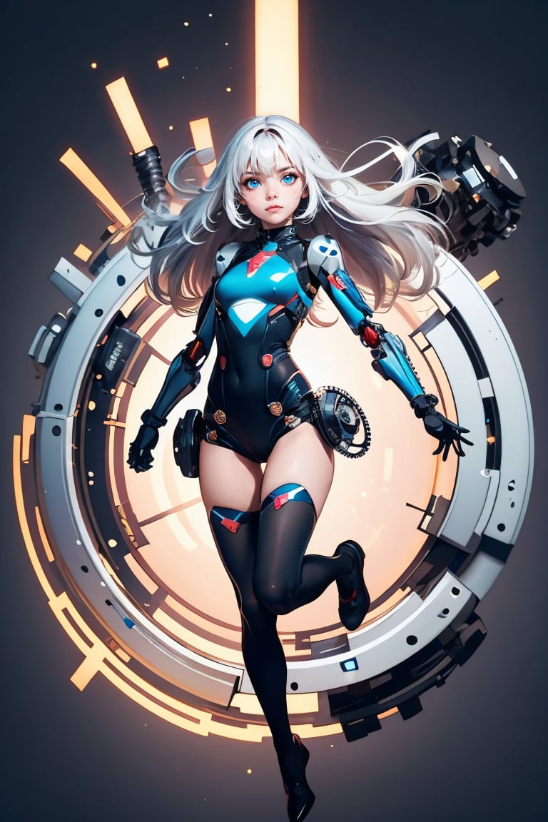1girl, robot, solo, long hair, blue eyes, thighhighs, gloves, closed mouth, full body, small breasts, floating hair, floating, metal,  mechanical body,mechanical