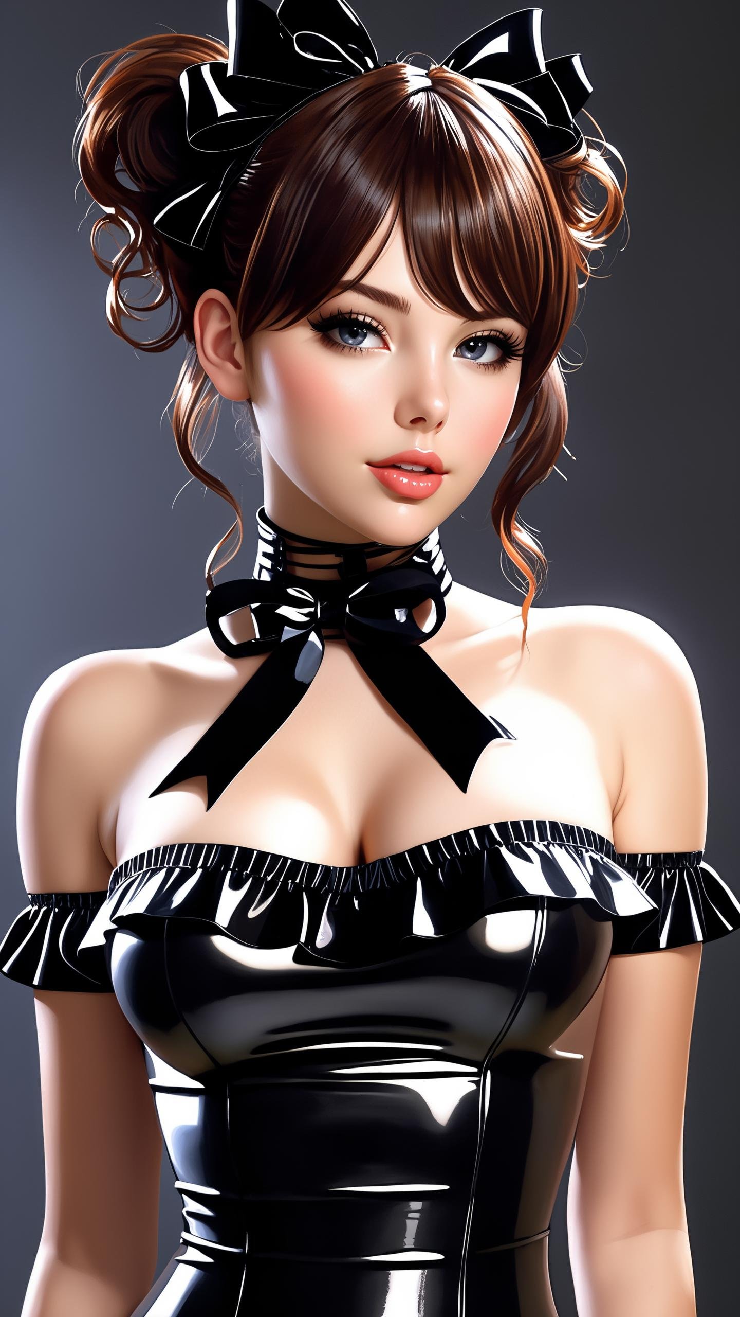 best quality, ultra high res, (photorealistic:1.4), 1girl, ((black latex 8)), frills, ribbon, choker, busty