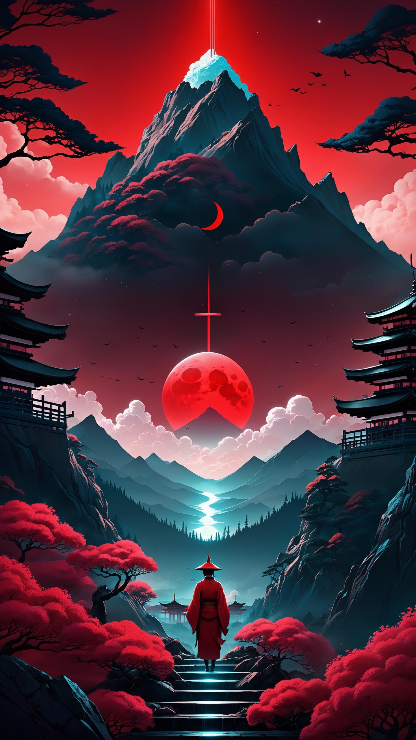 Scif vibes, Otherworldly, Cinematic, Ominous mountain, digital art, inspired by Cyril Rolando, digital art, blood red moon, forest, Japanese temple, beeple and jeremiah ketner, symmetrical digital illustration, realism | beeple, over detailed art, music album art, Creepy