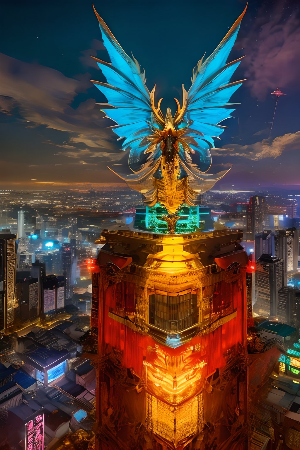 an 3D image of the transformed Dragon with a blue eyes and a transformed wings is standing at the top of the building at cyberpunk night and looking at the city at the back of the harris howk