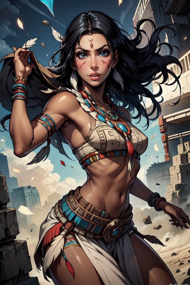 1woman 30year old, solo, long hair, dark-skinned female, tribal, native american, ((dynamic pose)), ((dynamic angle)),