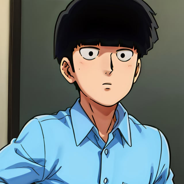 1boy, shigeokajeyama, solo, bangs, shirt, black hair, 1boy, upper body, male focus, collared shirt, blunt bangs, black eyes, parody, blue shirt