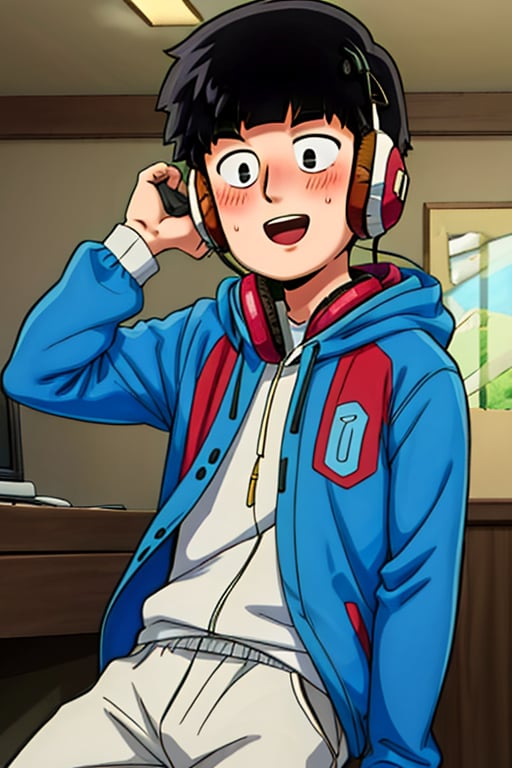 1boy, shigeokajeyama, solo, blush, smile, open mouth, black hair, 1boy, male focus, headphones, parody