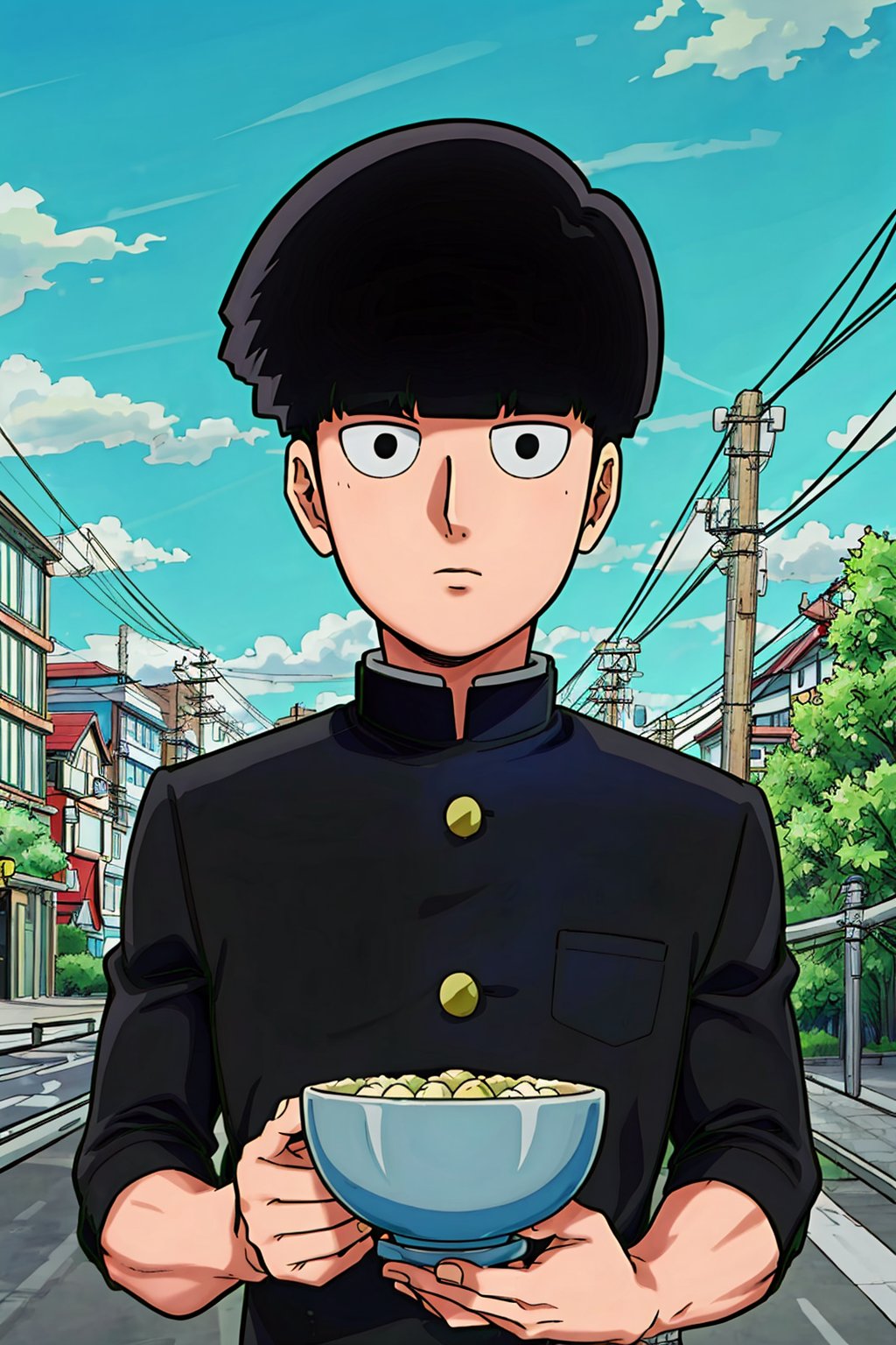 1boy, shigeokajeyama, solo, looking at viewer, bangs, black hair, 1boy, school uniform, upper body, male focus, outdoors, sky, day, cloud, blunt bangs, black eyes, tree, blue sky, building, gakuran, road, power lines, bowl cut