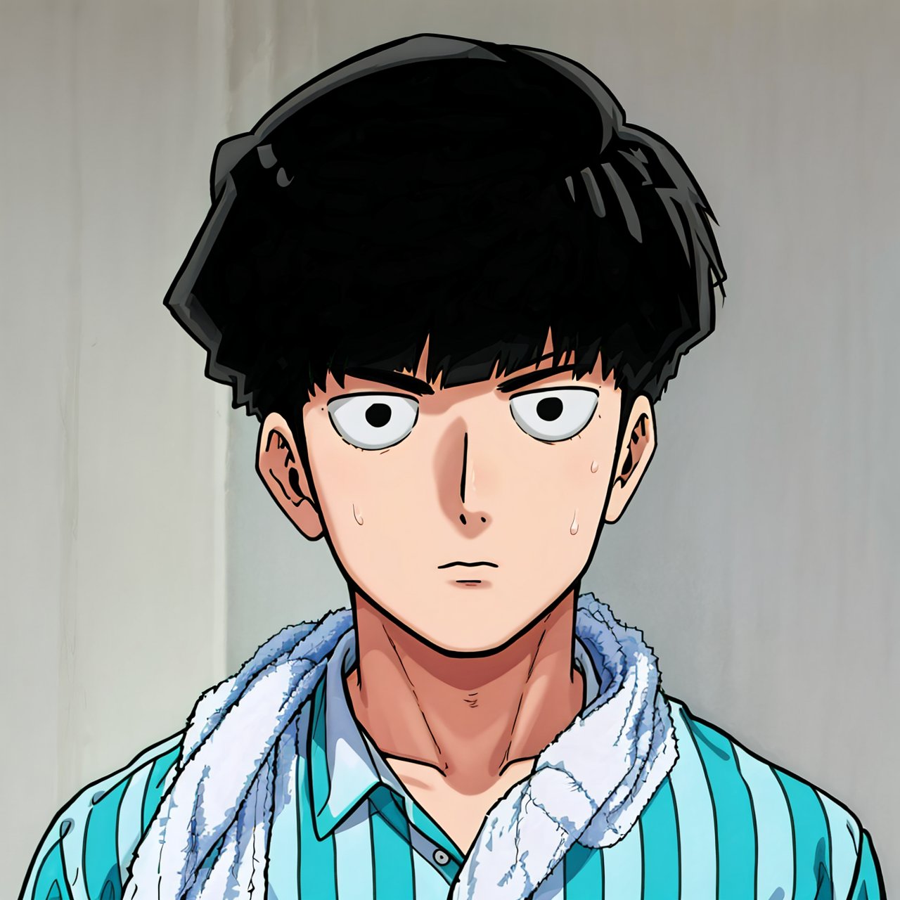 1boy, shigeokajeyama, solo, looking at viewer, shirt, black hair, 1boy, upper body, male focus, striped, black eyes, parody, towel, striped shirt, pajamas, towel around neck