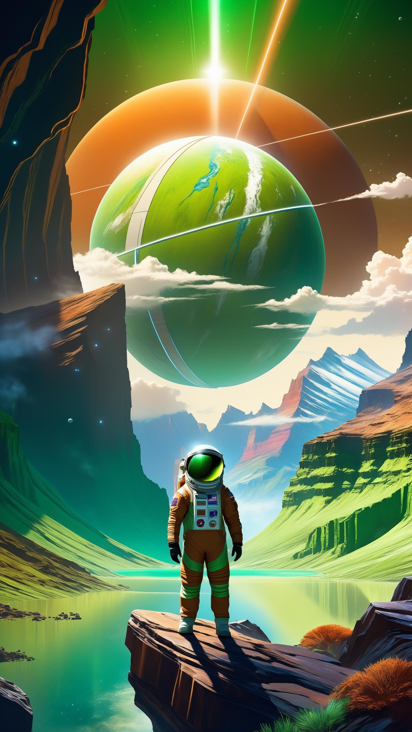cartoon for kids style, A cinematic front facing close up portrait of a 25 year old Japanese male wearing astronaut suit, (Dense thick brown and green color atmosphere:1.2), Staring into the abyss, Colossal mountains and ridges, Chasm, Methane lakes, Grand canyon, green color, brown color, Brown water, Thunderstorm in atmosphere, Lighting, Raining, Massive tsunami, Nasa planet concept art, Sellaris, No man's sky, Single planet, Grand scope, Surreal, Award winning photograph, Misty, Hazy, Ultra detailed, dramatic, atmospheric, Masterpiece, lens flare, anime style, space odissey