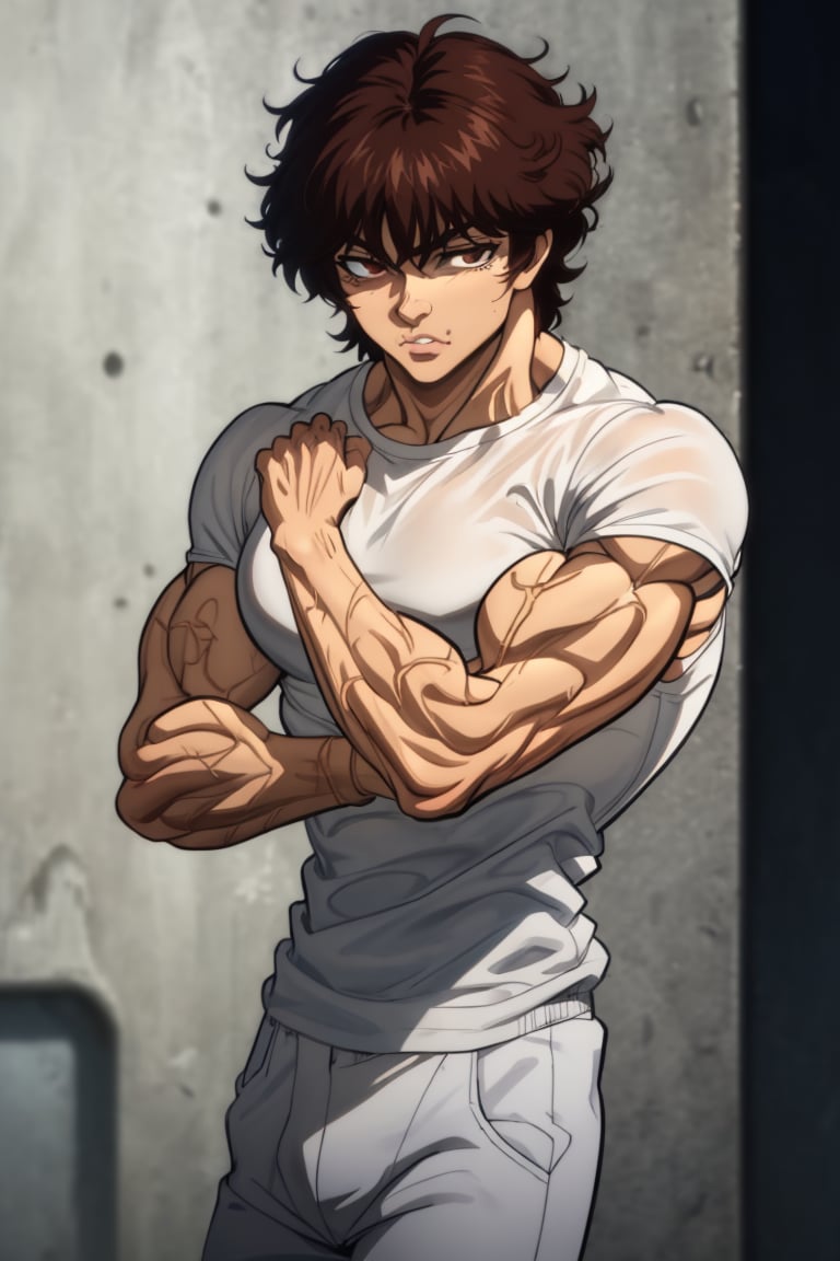 Bakihanma , short_hair , white_shirt  ,black_pants, 1boy , brown_hair , good_muscles