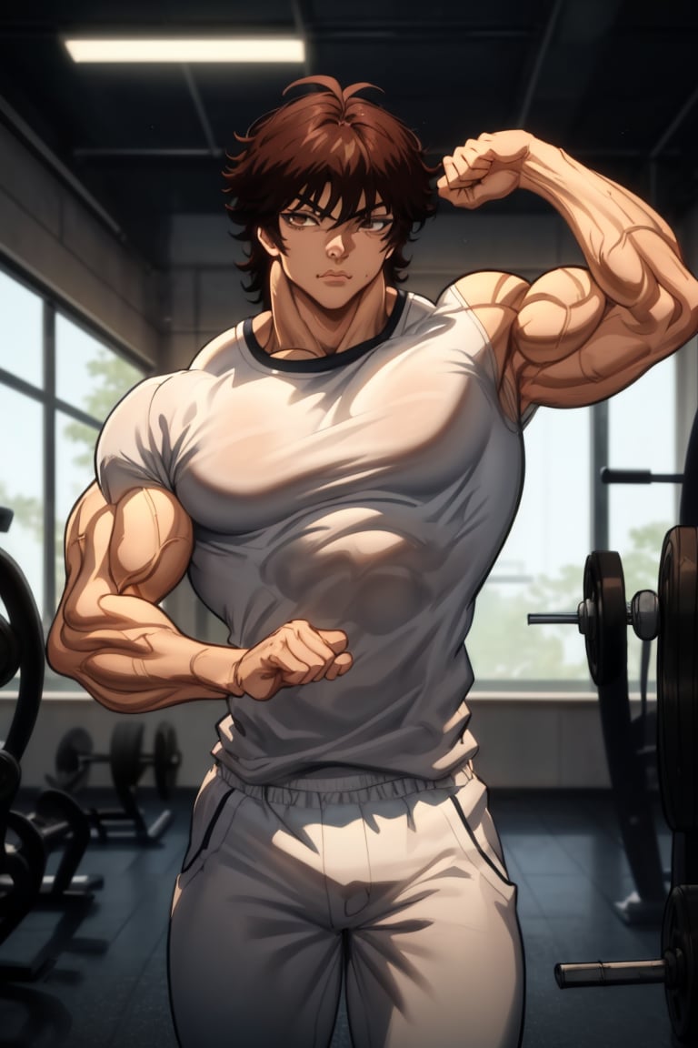 Bakihanma , short_hair , white_shirt  ,black_pants, 1boy , brown_hair , good_muscles, looking at viewer, indoors, gym, flexing