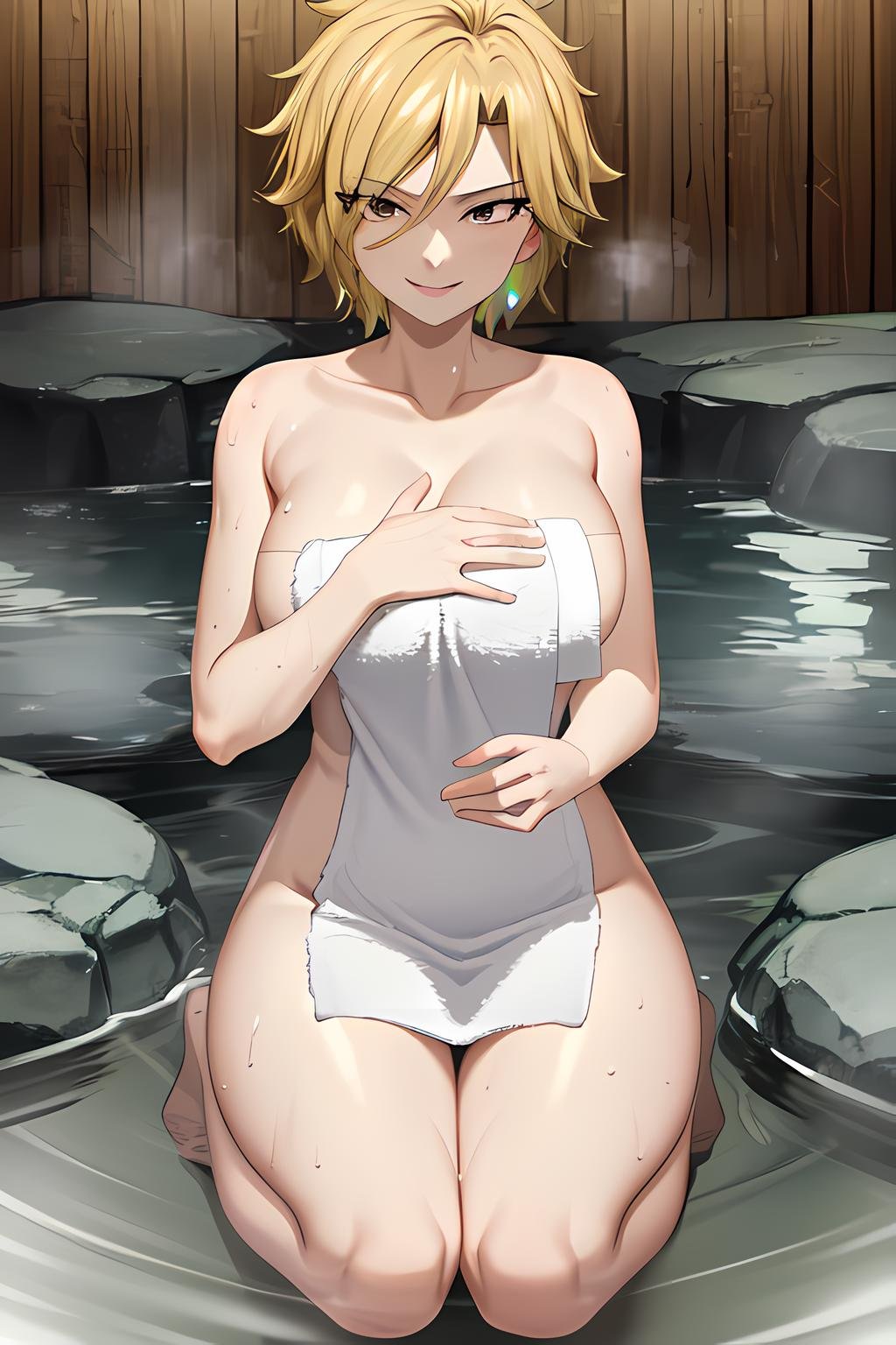 masterpiece, absurdres , (intricate details), (colorful),cinematic lighting,bust shot,extremely detailed CG unity 8k wallpaper, <lora:dimaria-051:0.8> dimariayesta, (naked towel, seiza, nude cover:1.3), onsen, steam, (partially submerged:1.2), smile, looking at viewer, sitting