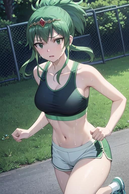 masterpiece, absurdres , (intricate details), (colorful),cinematic lighting,bust shot,extremely detailed CG unity 8k wallpaper,  <lora:hisui_e_fiore_v1_semidone:0.8> hisuiefiore, sports bra,shorts, sportswear,sweat, running,outdoors,park, sunlight, exercise,floating hair, looking at viewer