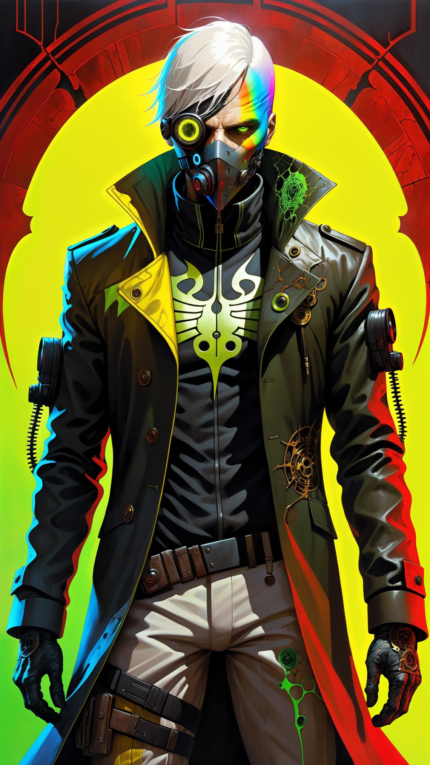man with a pretty face, white hair, green eyes, ((aiden pearce, wearing a stylish cyberpunk uniform, wearing dedsec mask)), with a serious expression on his face, Hell walker, incombing death, hell, black bloody veins growing and intertwining out of the darkness, oozing thick yellow blood, veins growing and pumping blood, (male body:1.6), 1 man, vascular networks growing, connecting, expanding, red veins everywhere, zdzislaw beksinski, (sharp colors:1.3), (rainbow skin:1.1), (steampunk:1.2), ultra detailed, intricate, oil on canvas, ((dry brush, ultra sharp)), (surrealism:1.4), (disturbing:1.5), beksinski style painting, satanic symbols, (full torso), full body in frame, centered body, (male:1.2), realistic, ((intricate details)), (pale gothic evil king), dynamic pose, perfect face, (realistic eyes), perfect eyes, ((dark gothic background)), sharp focus, cartoon
