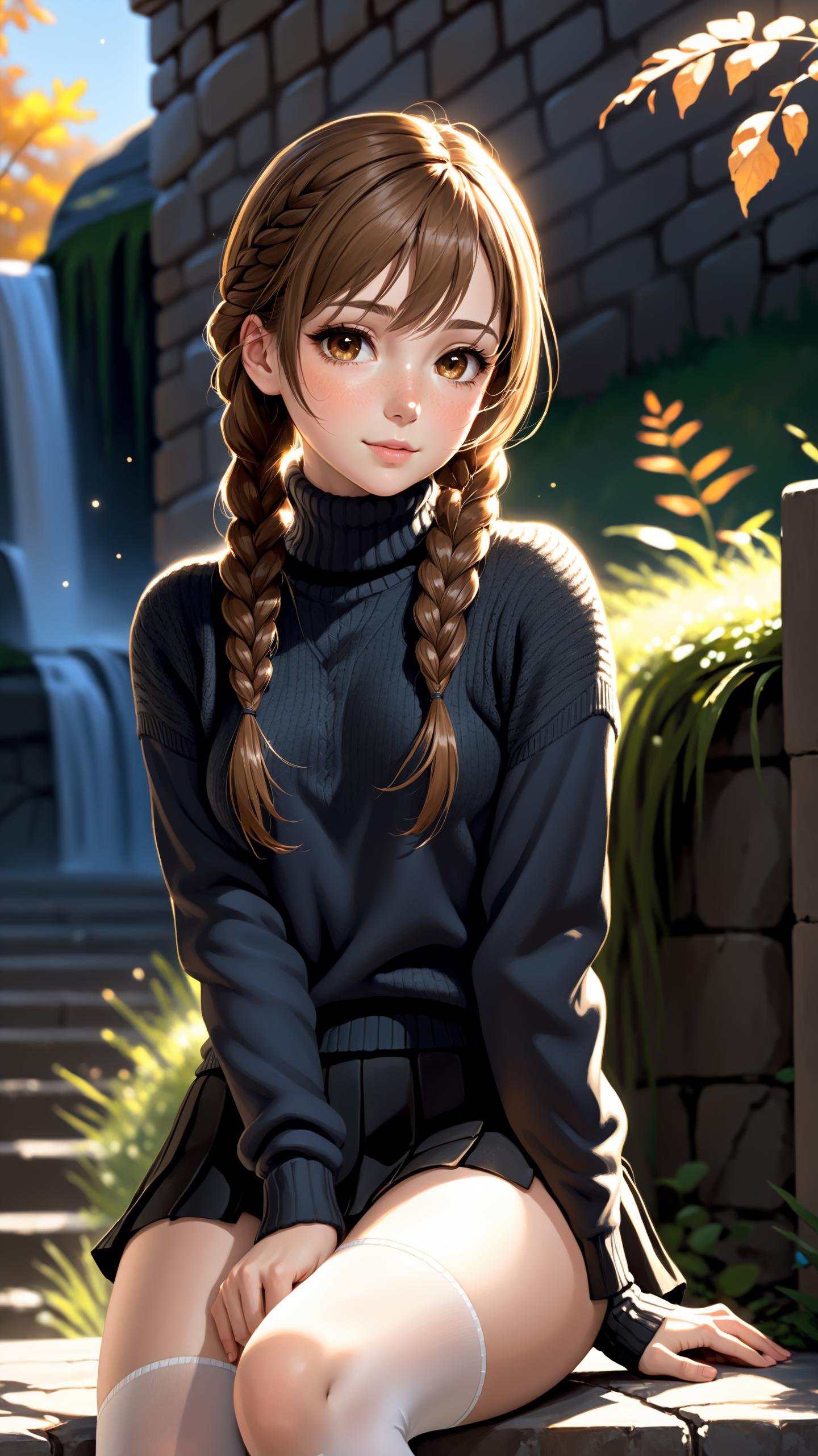 (masterpiece, best quality, hires, high resolution:1.2), extremely detailed, highres, realistic, (cinematic lighting, perfect lighting, sunlight), 1girl, adult, solo, looking at viewer, light brown hair, waterfall braid, brown eyes, blush, shy, freckles, smirk, black turtleneck sweater, short skirt, knees together feet apart, sitting, panties, pantyshot, white legwear, against wall