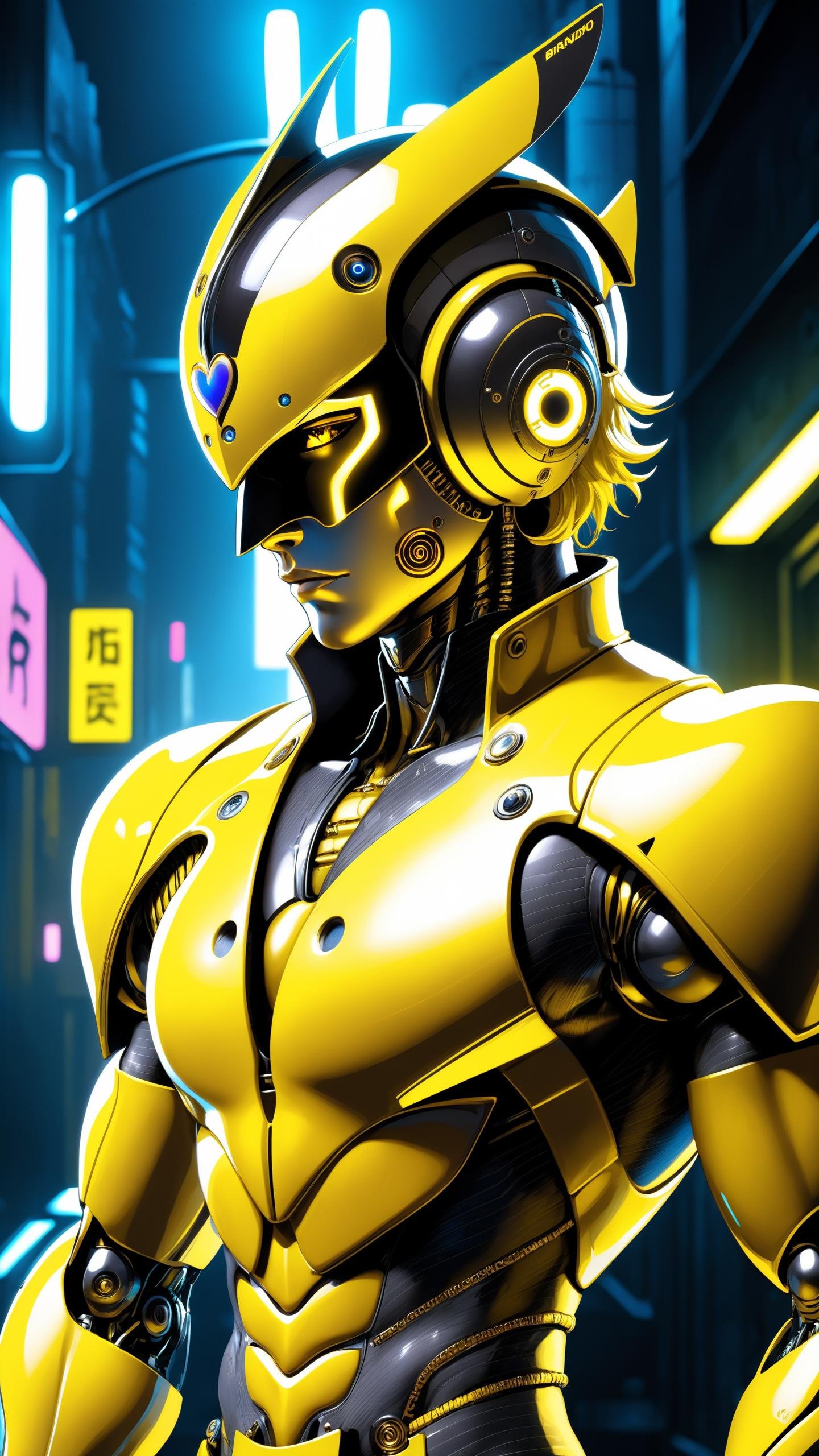 (yellow stylized font says DIO BRANDO:1,3), (high contrast:1.25), cyberpunk, robotic, western cartoon style, dark, atmospheric, studio quality, neon lights, magazine cover, bladerunner, perfect eyes, posing, futuristic, gold mask, hollow mask, cinematic, carbon fiber, soft depth of field, male focus, intimidating, visually stunning, impressive, (dio brando), muscular, giga Chad, intricate details, sci-fi, male focus, solo, headband, jacket, jewelry, heart, earrings, yellow jacket, pants, (mechanical, cyborg, mech, robot)